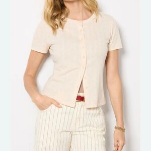 Evereve Women's Short Sleeve Button Front Cardigan Beige Size S